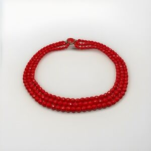 Vintage Gold Tone Red Glass Faceted Beaded Three Strand Necklace Beads 21"